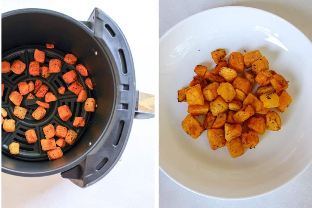 Collage with two images showing the roasted yellow veggie cubes in the air fryer basket and served on a white plate.