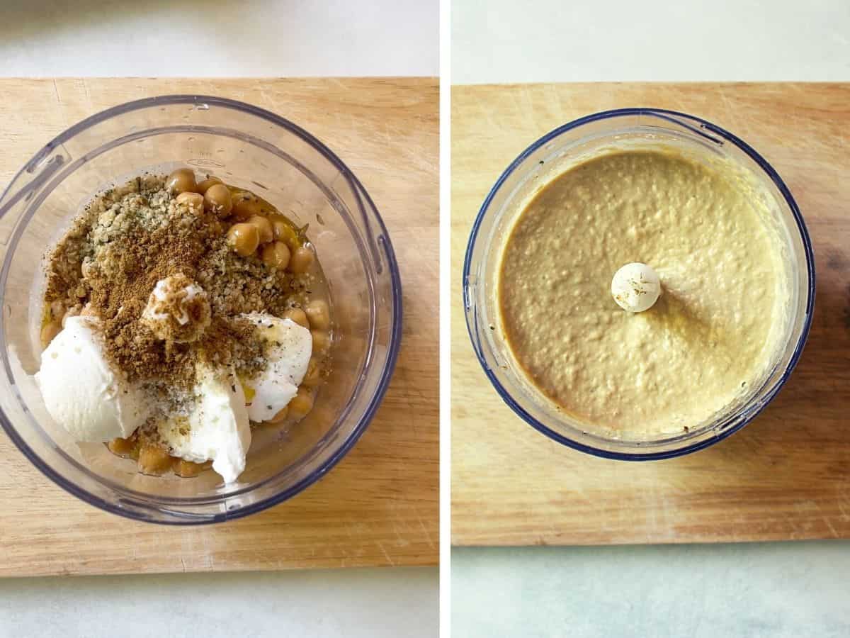 Two-image collage with a food processor filled with recipe ingredients on the left and already blended ingredients into a creamy dip on the right.