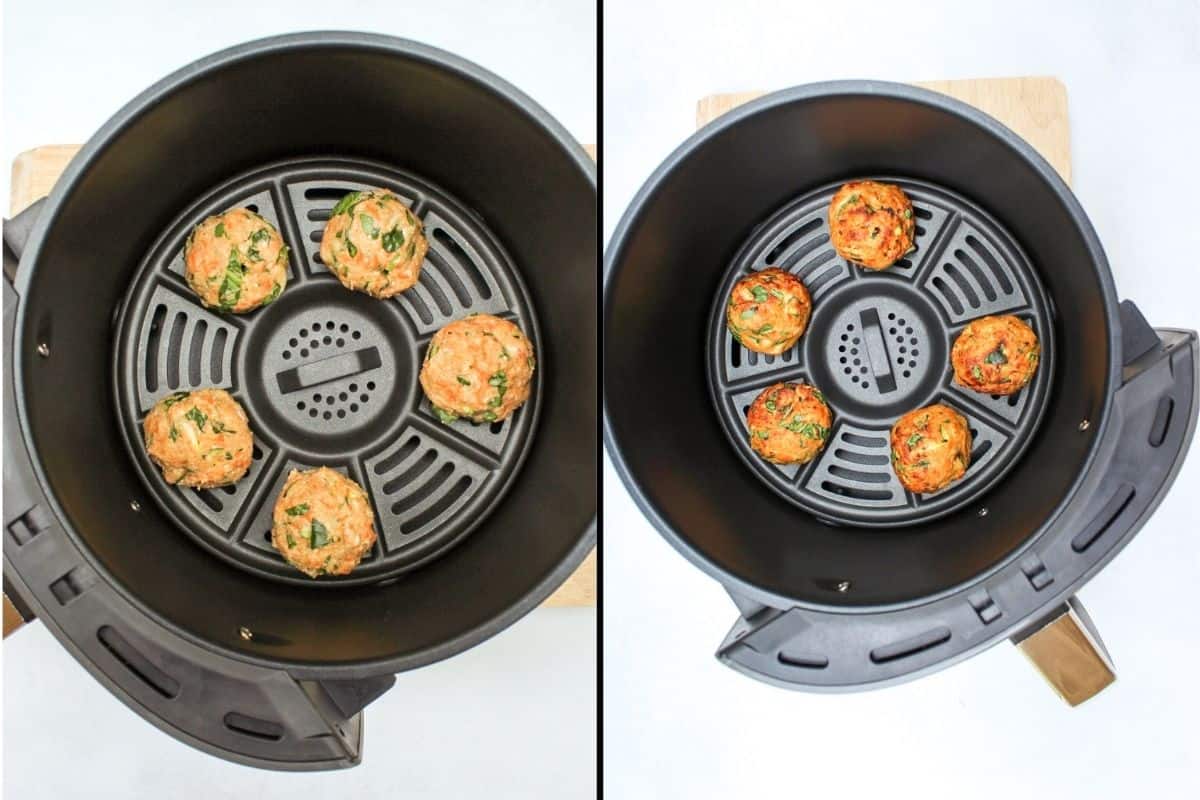 Collage of two images showing the air fryer basket with chicken balls before and after cooking.
