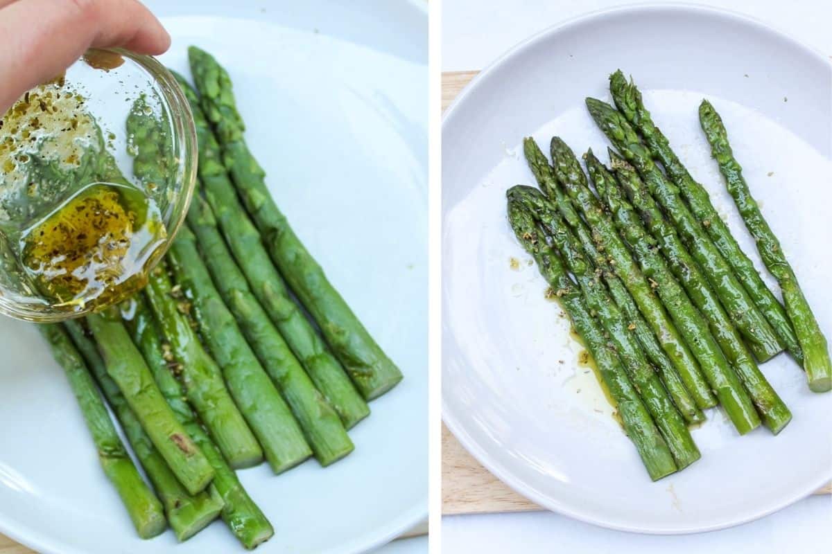 Collage of two images with the sauce being added to the asparagus.