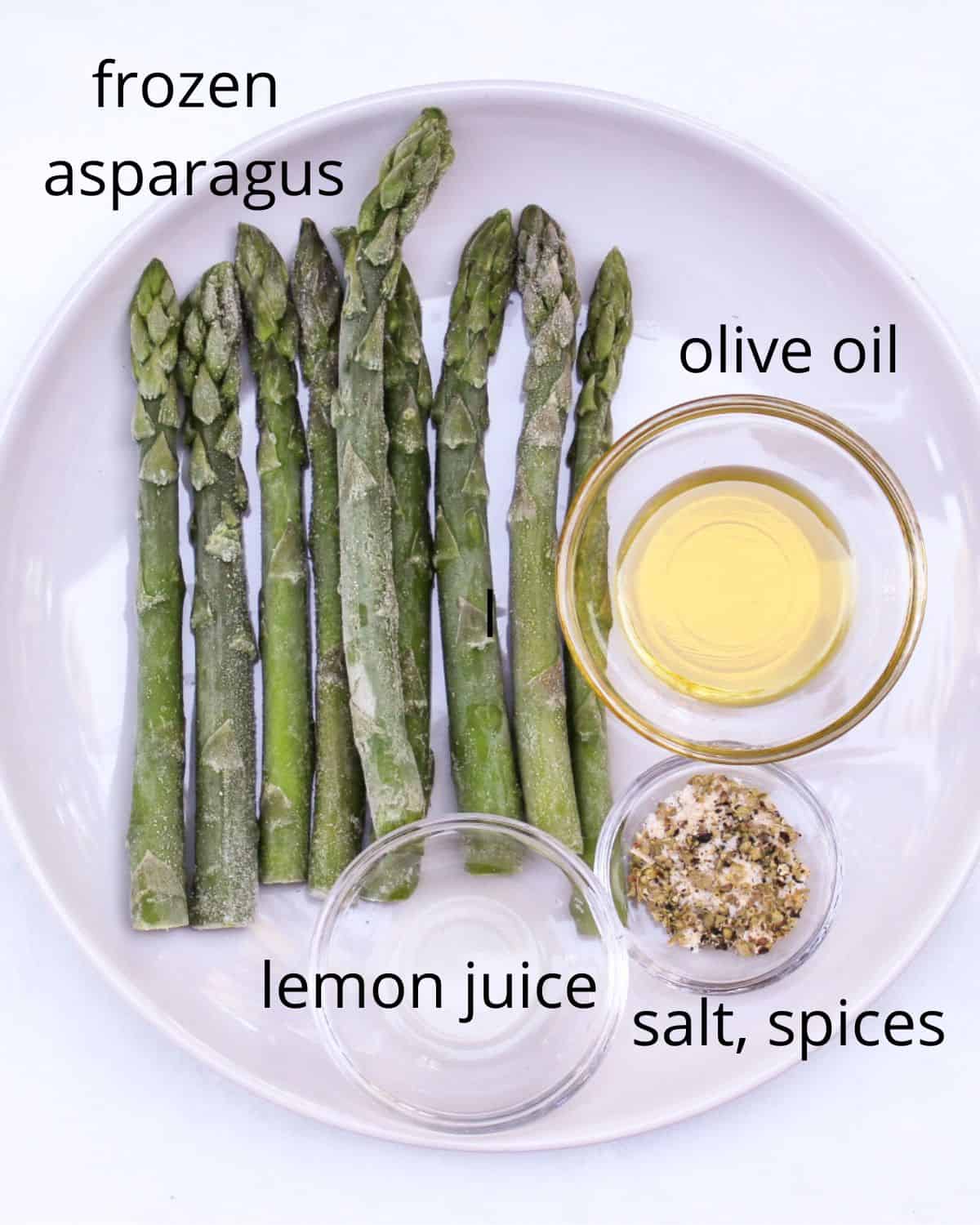 Overhead view of a plate with labeled recipe ingredients.