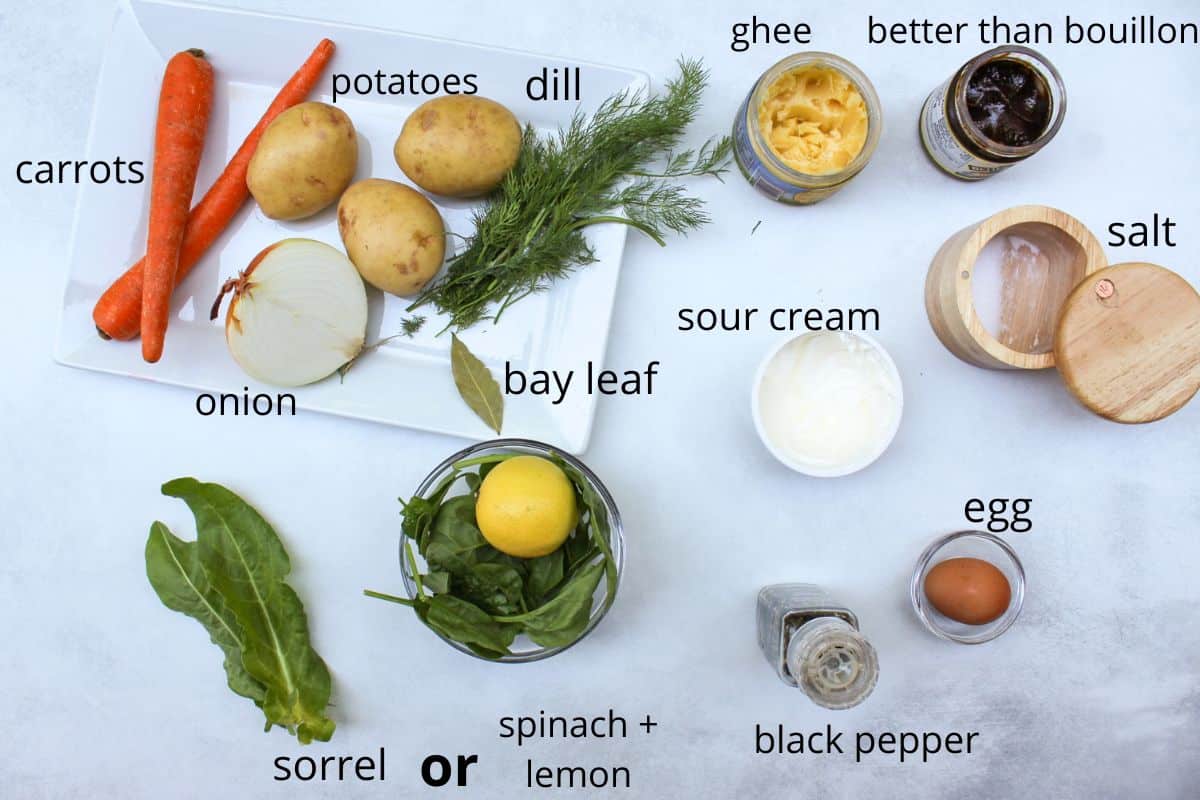 Overhead view of ingredients to make green borscht. Each ingredient is labeled.