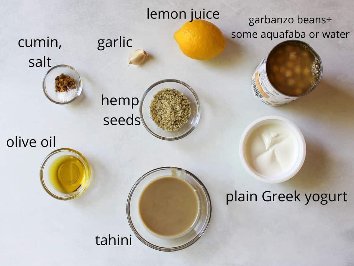 Labeled and measured recipe ingredients on a white background. 