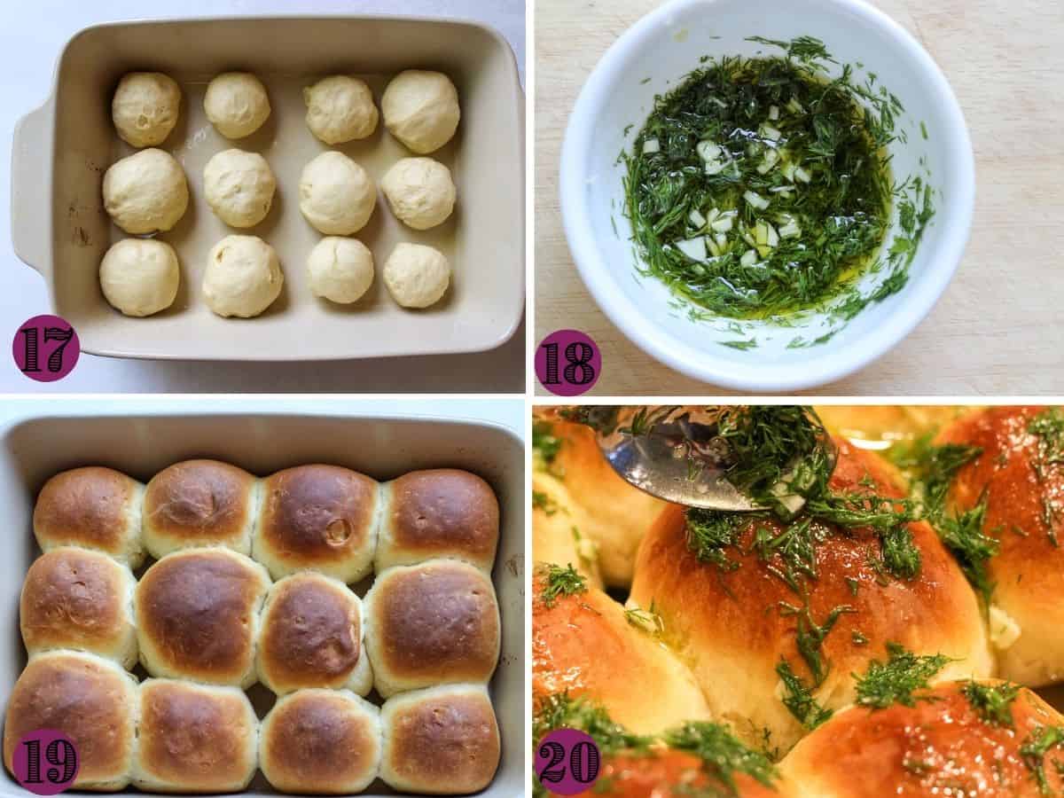 Raw dough balls orranged in a baking dish. A bowl with oil and herbs. Freshly baked rolls with golden tops. Herby micture bein added on top of the buns.