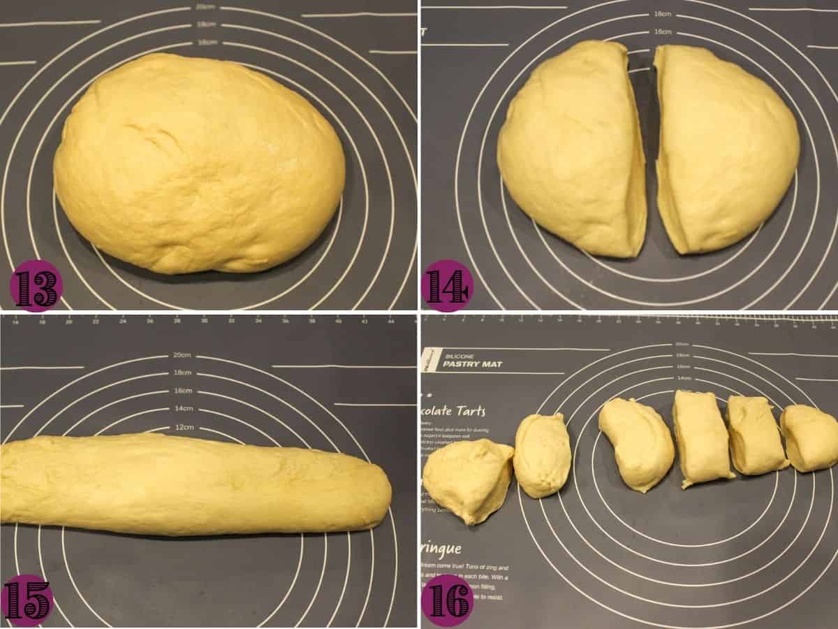 A yellow dough ball. The dough ball is cut in half. Then it is formed into a roll and cut into 6 even pieces.