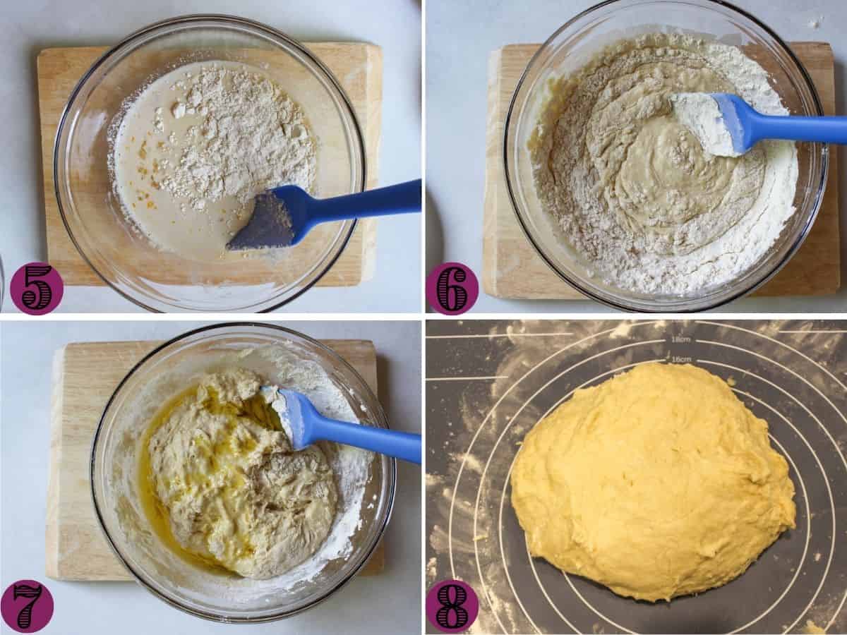 A process of making the dough. A glass large bowl with milky liquid and flour is added gradually to the mix that becomes a dough ball.