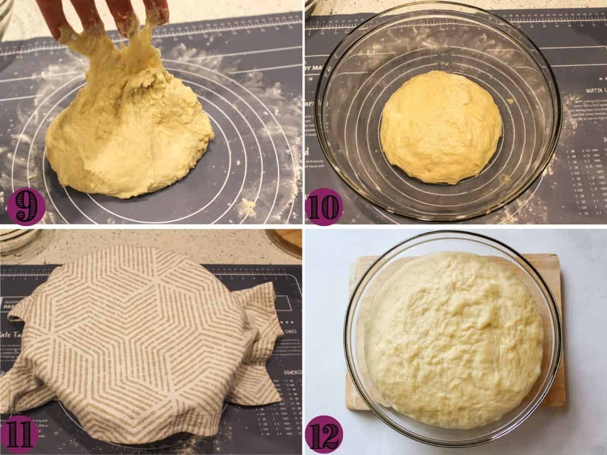 Bread dough on a rolling mat. A bowl covered with a towel. A glass bowl with risen dough.