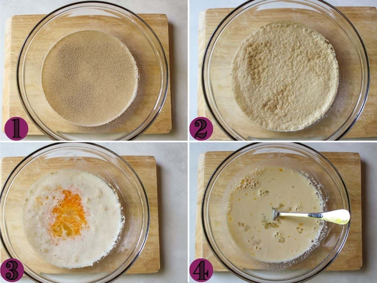 The process of activating the dry yeast in a glass bowl, adding the egg, and stirring the mixture.