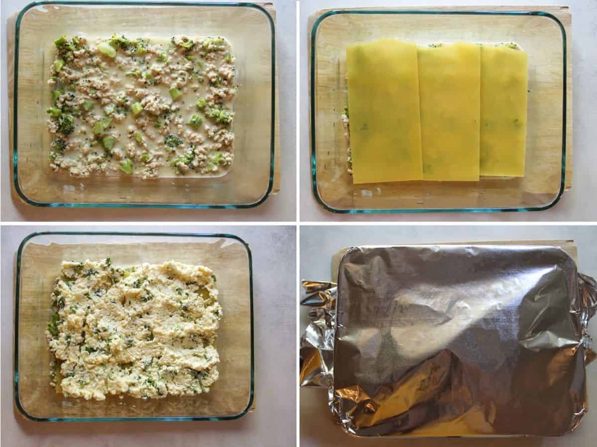 A glass baking dish with layers of meat, lasagna noodles, and cheese. The dish is tightly covered with foil on the last image.