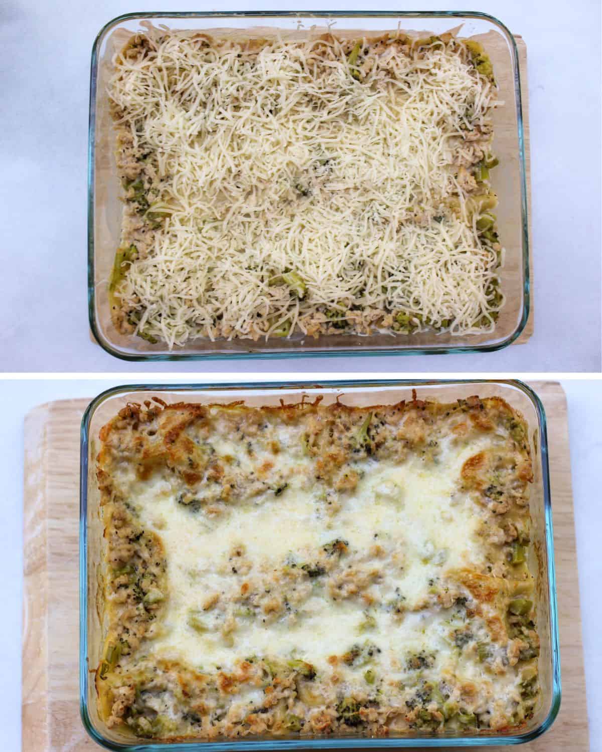 A glass rectangular casserole dish with creamy lasagna topped with freshly shredded white cheese on top. Te cheese melted after baking in the bottom image.