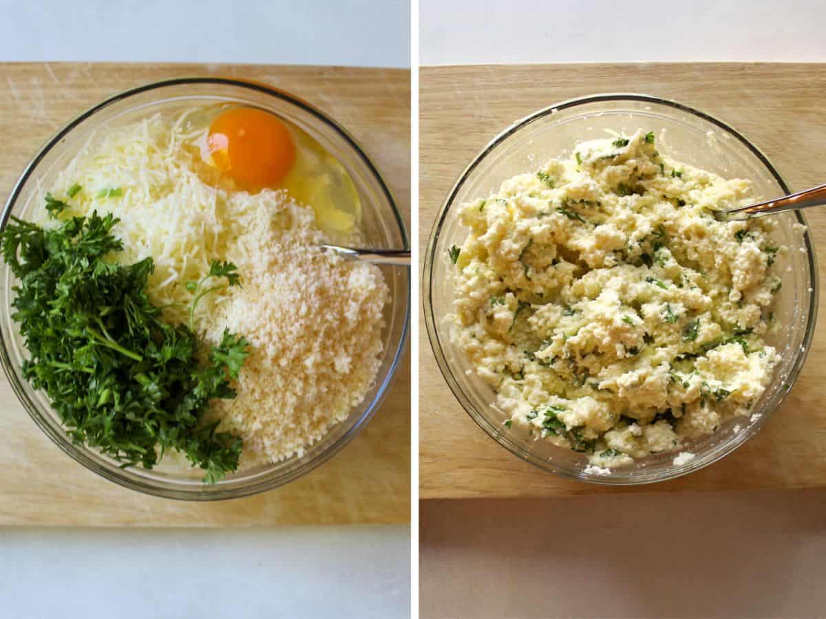 Cheese, raw egg, and green chopped parsley are mixed until well combined in a glass bowl.