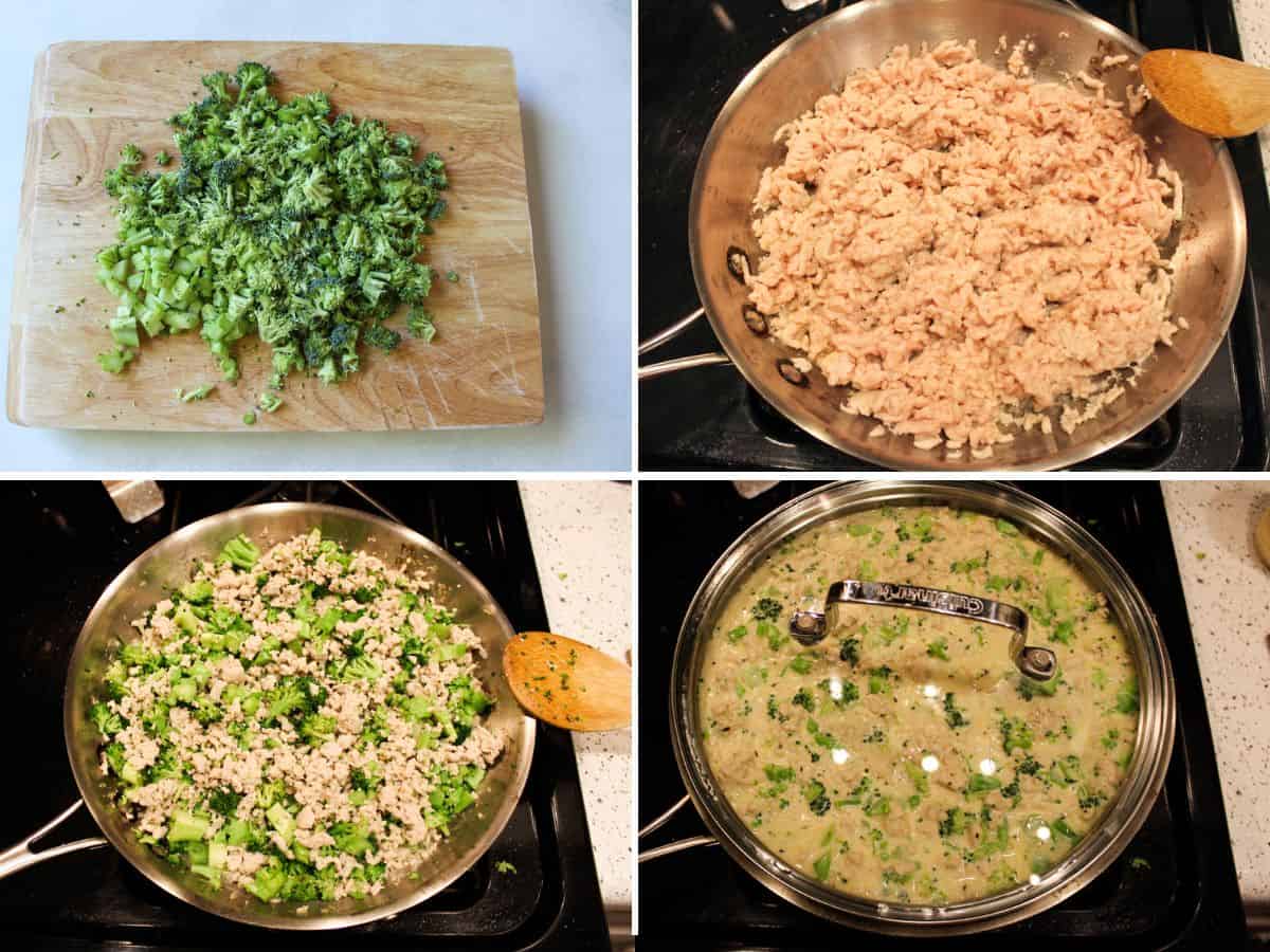 Chopped green broccoli on a cutting board. Stainless steel skillet with ground chicken added chopped broccoli cooking on the stove. The skillet with creamy white sauce is covered with a lid on the stove.