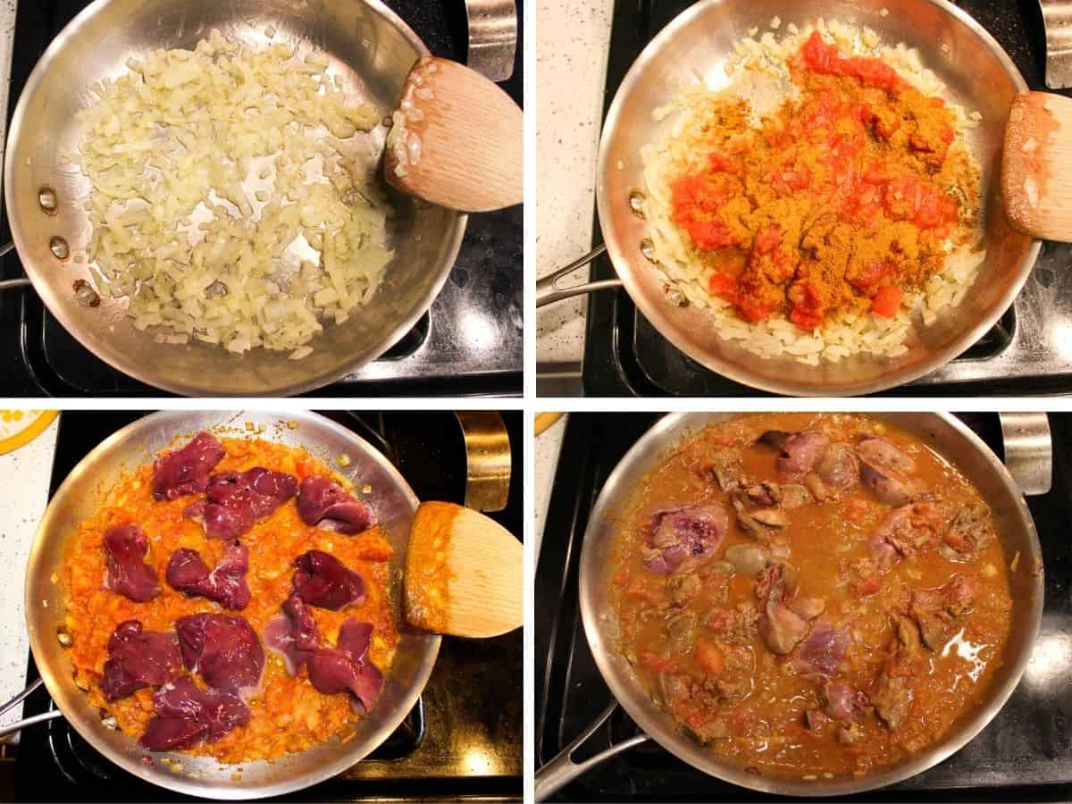 4-image collage with step-by-step images showing the frying pan with cooking onions, adding diced tomatoes, liver, and broth at the end.