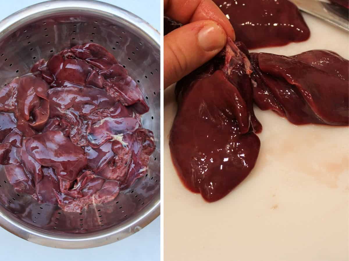 Rinsed chicken livers in a stainless steel colander on the left. One liver being cleaned and trimmed on the right.