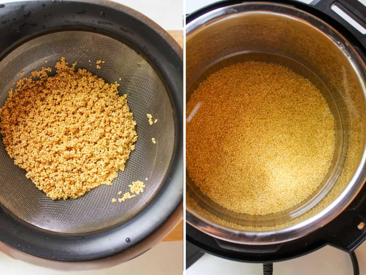 Yellow small rinsed grain in a mesh strainer. Insatnt pot filled with water and millet.