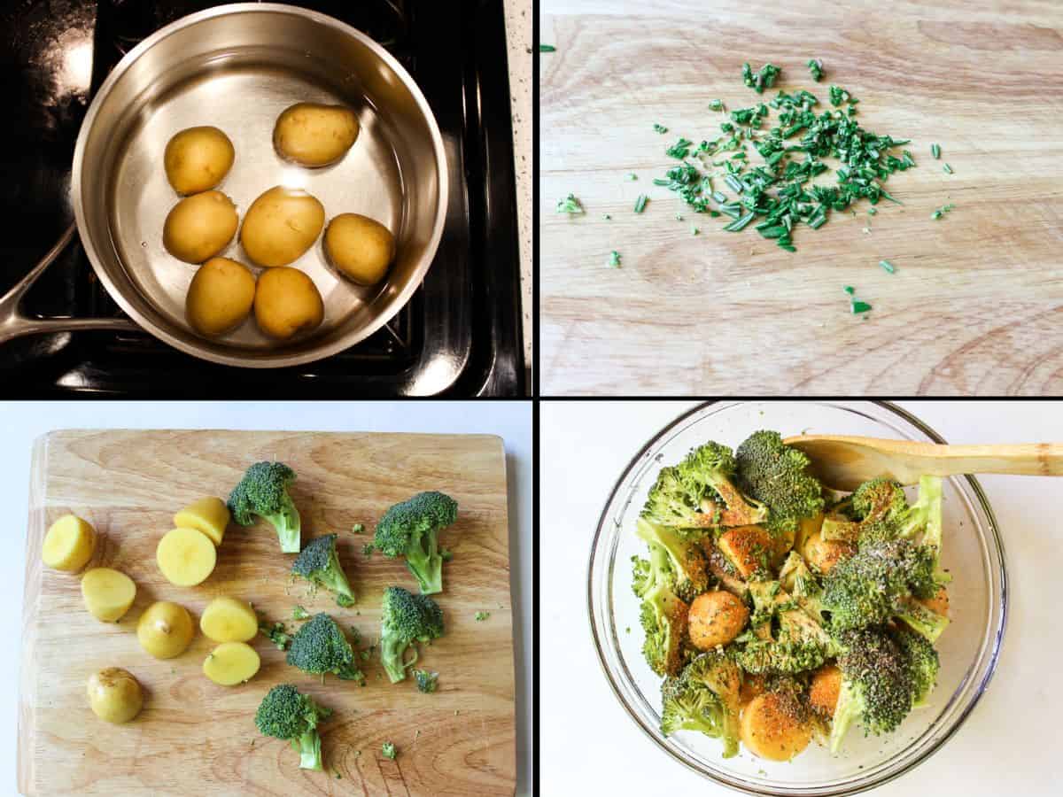 A pan with 7 baby potatoes filled with water. Green chopped herb on a cutting board. Cut in half potatoes and broccoli florets on a wooden cutting board. A glass bowl with potatoes, broccoli, and spices.