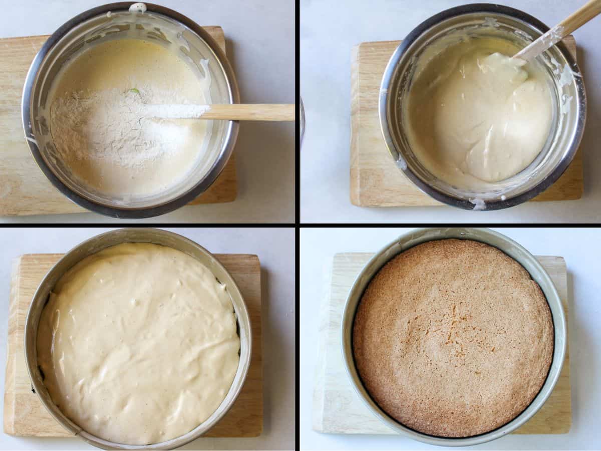 Flour is added to beaten eggs in a large bowl. A bowl with cake batter. A round cake pan filled with the prepared batter. A cake pan with a cooked cake.