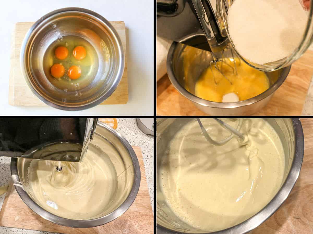 The process of beating 4 eggs with sugar using a hand mixer.