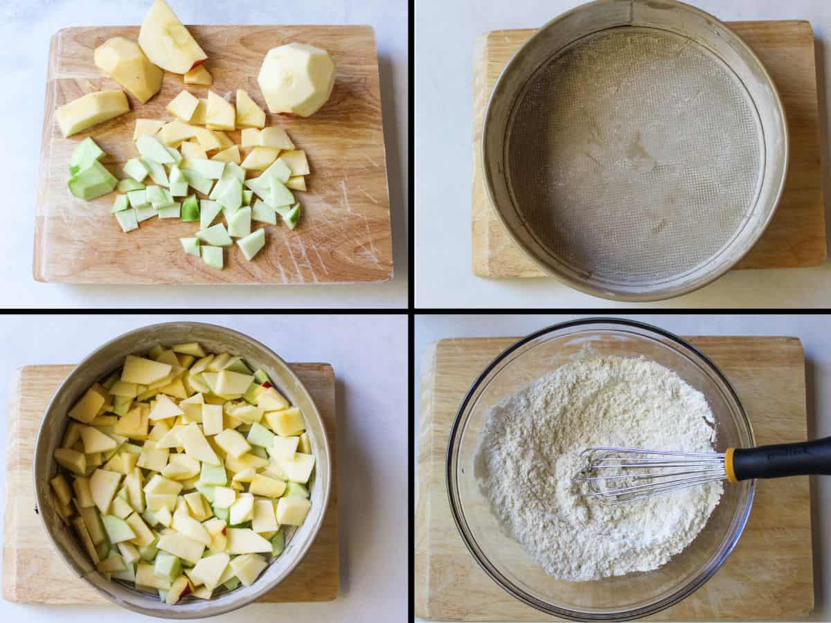 A cutting board with peeled and sliced apples. Cakes spring form with a layer of chopped apples. Flour and a whisk in a glass large bowl.