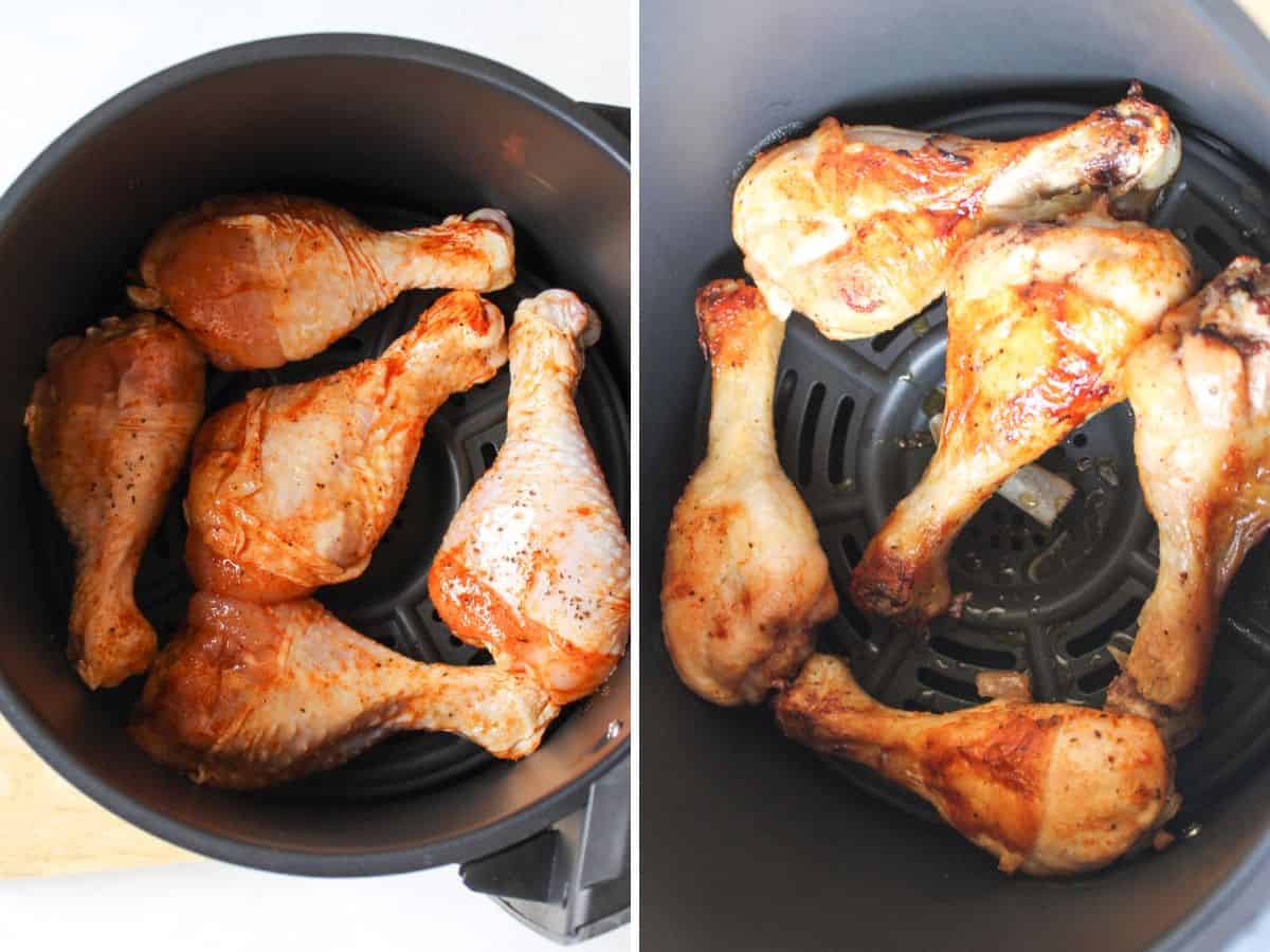 Raw seasoned drumsticks in air fryer basket on the left image and cooked ones on the right image.