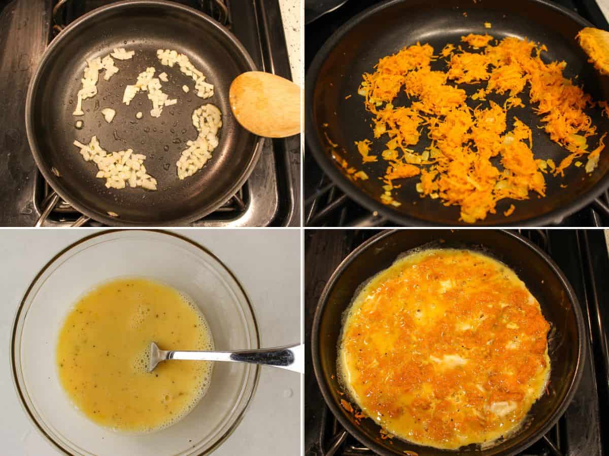 Frying pan with cooked diced onions. Drying pan with added grated carrots. A glass bowl with whisked egg mixture an dd a fork. A frying pan with uncooked egg omelette,
