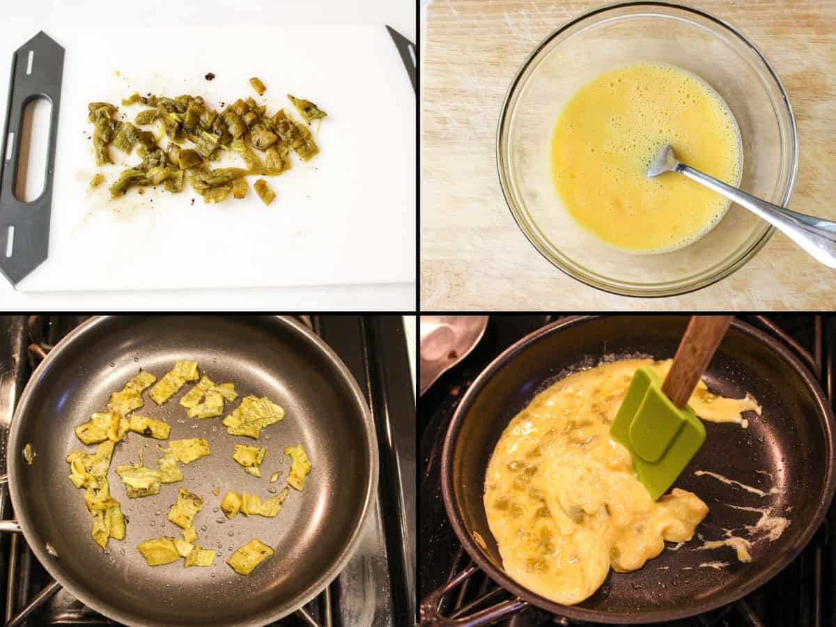 Diced green peppers on a white cutting board. Yellow egg mixture in a glass bowl. Frying pan with cooking diced green chilies. A frying pan with eggs being stirring with a green silicone spatula.