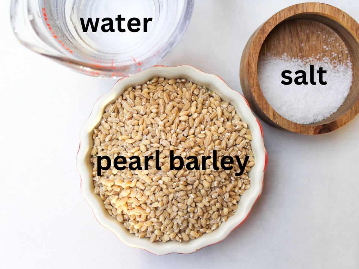 Labeled ingredients on a white surface. Dry barley, water, salt.