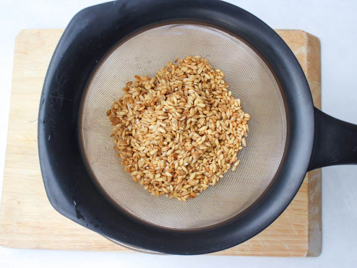 Rinsed barley is drained in the mesh strainer.