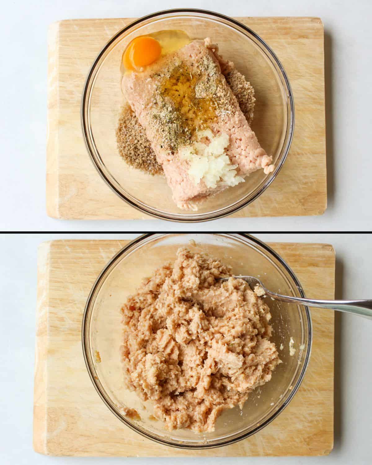 The top image is the glass bowl with added main ingredients. The bottom image is the same glass bowl with a mixed meat mixture and a fork.