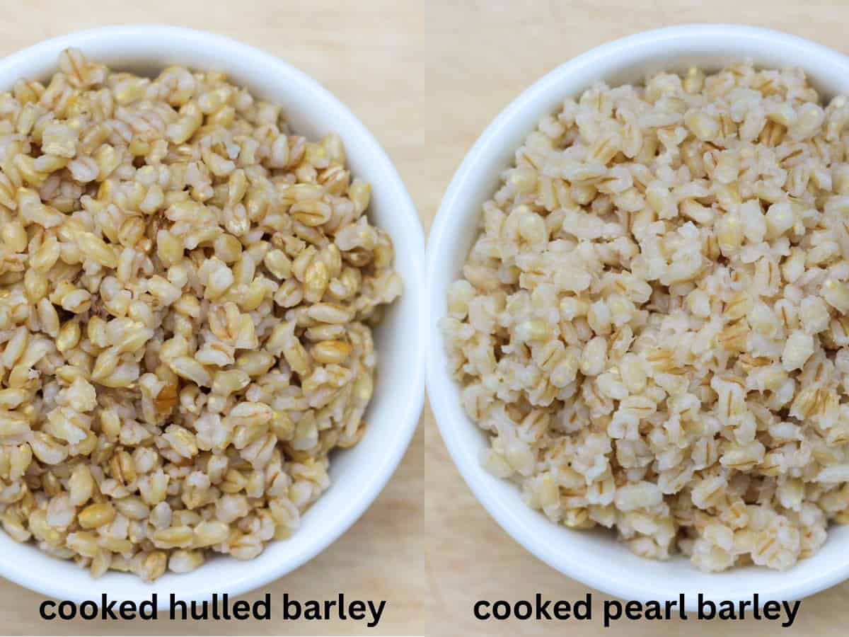 Two white bowls with cooked hulled barley and pearl barley. Hulled barley is on the left and looks darker.