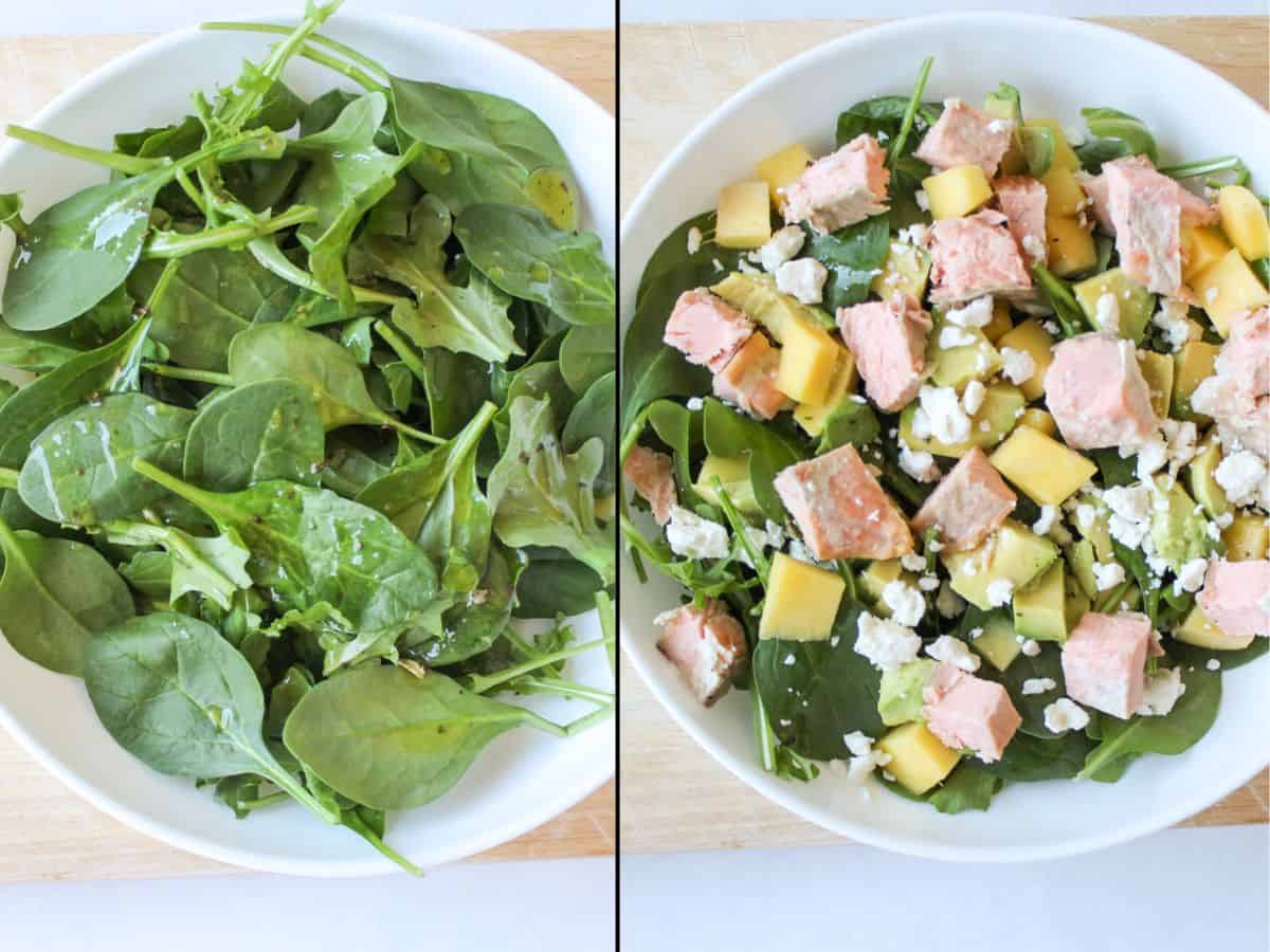 A white bowl with green spinach on a left. A white bowl with greens, diced mango, avocado, feta and cubed pink salmon.
