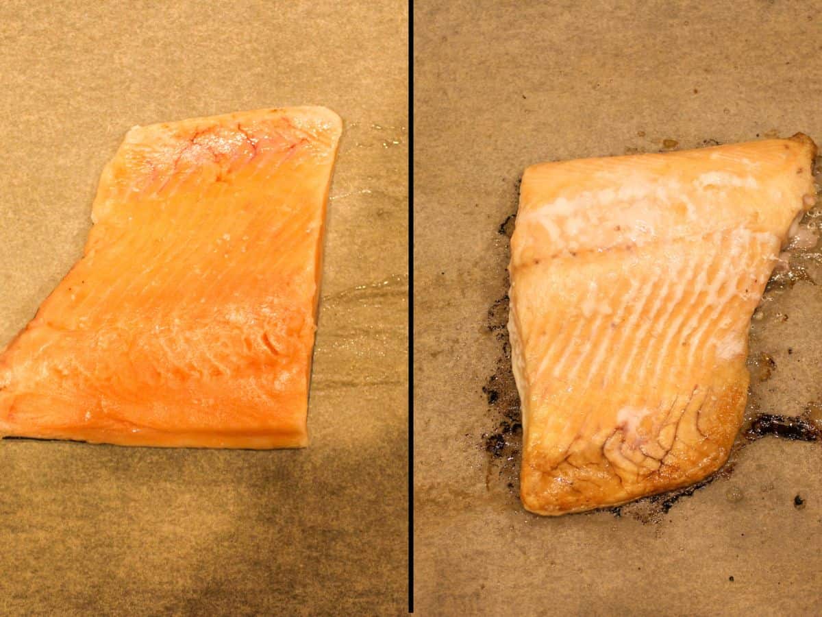 Raw salmon fillet on the left on a parchment paper. Cooked salmon fillet on the right.