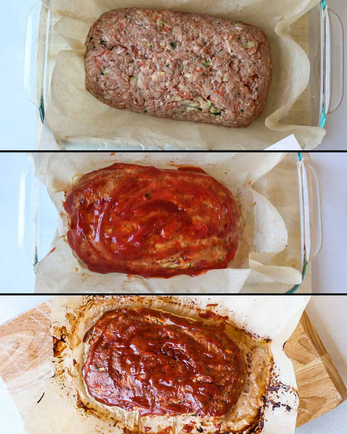 Uncooked meatloaf in a baking pan lined with parchment paper. A meatloaf topped with ketchup on top in a baking pan. Cooked meatloaf on top of a cutting board.