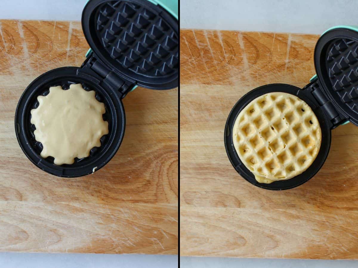 Two images showing the process of baking waffles. Small round iron maker with poured uncooked batter. The batter is cooked into a waffle on the right image.