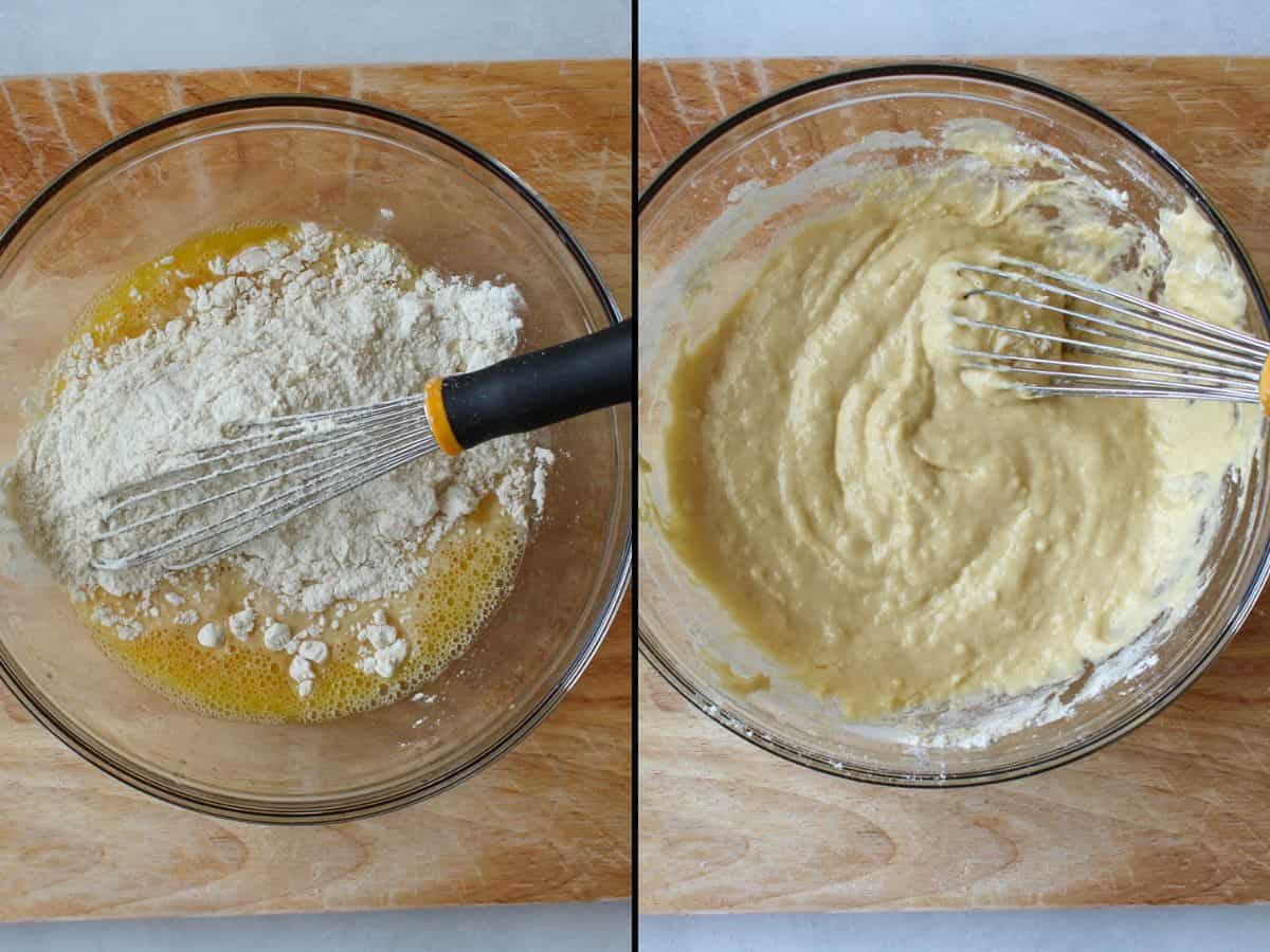 Flour is added to the wet ingredients and mixed to form a waffle batter.