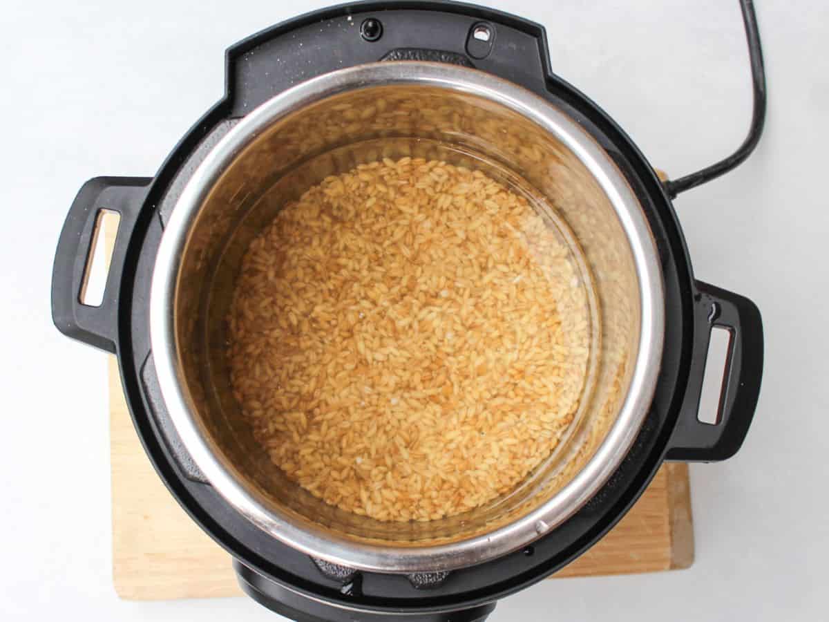 Instant pot filled with water and yellow grains.