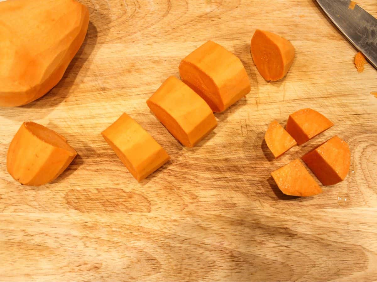 Sweet potato sliced into rounds and cubed.