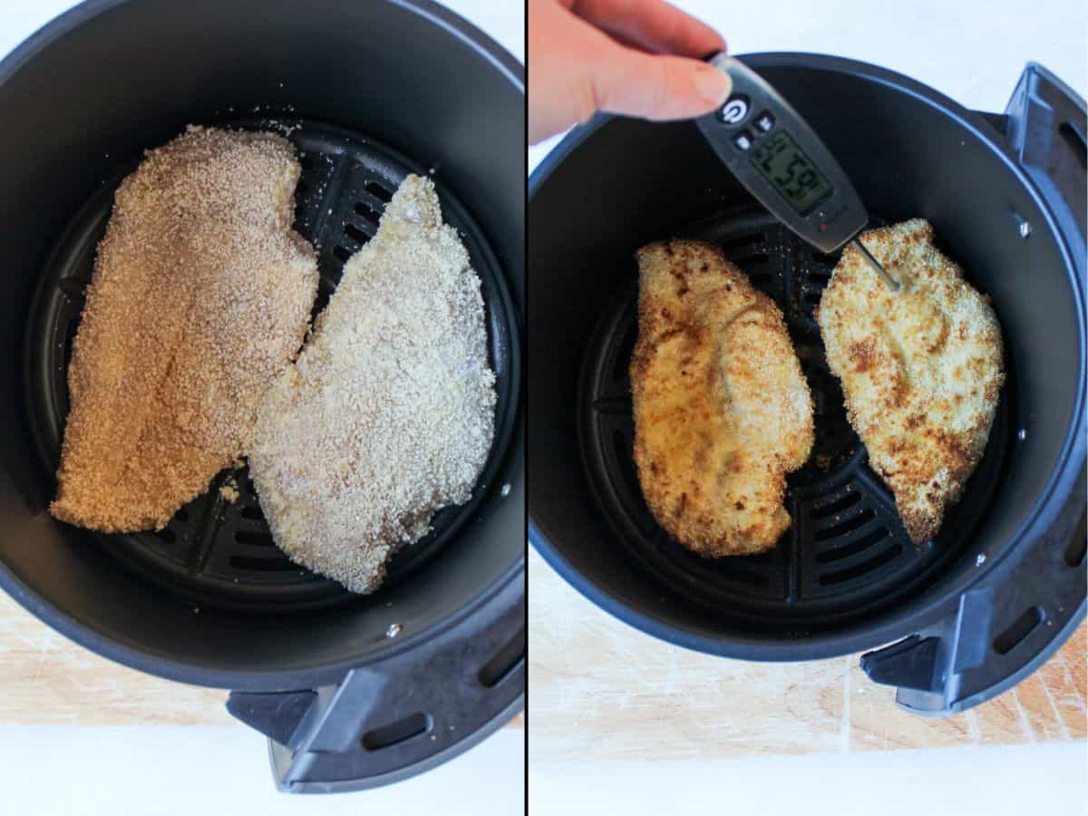 Air fryer basket with two breaded uncooked chicken cutlets on the left. Air fryer basket with golden cooked chicken cutlets on the right. One of the cooked cutlets has thermometer inserted with a recorded temperature 165.7 F.