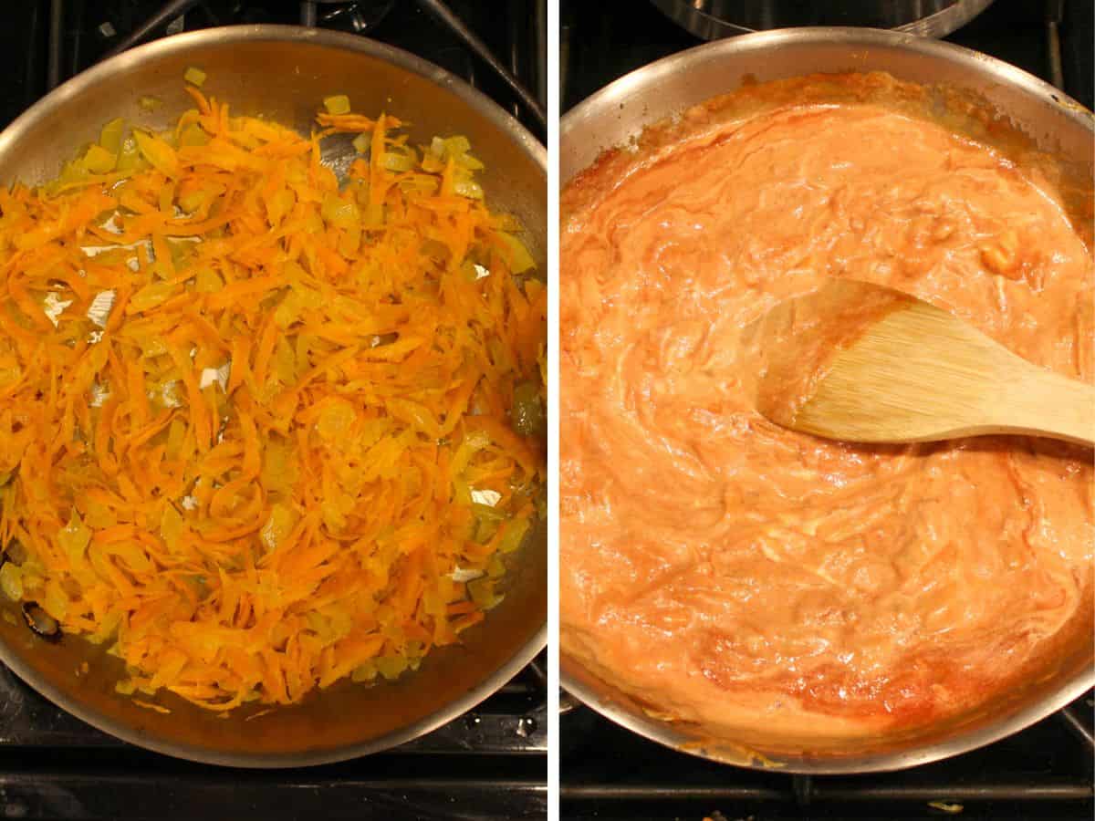 A stainless steel skillet with sauteed carrots and onions on the left. On the right, the creamy tomato sauce is added to the skillet and there is a wooden spatula in it for mixing.