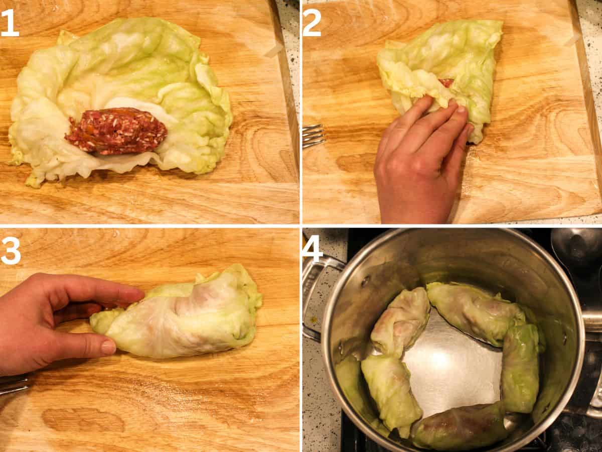 4-picture collage showing how to roll the meat filling in to the cabbage leaf in a wooden cutting board: the meat filling in the middle of the leaf close to the top of the stem; the sides are folded to the middle; the cabbage and meat are folded into a roll; 5 cabbage rolls are arranged in the bottom of the stainless steel pot.