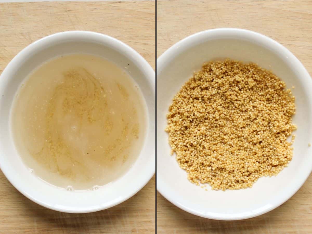 Two picture collage: a white bowl with water and millet on the left, drained millet grain in a white bowl on the right.
