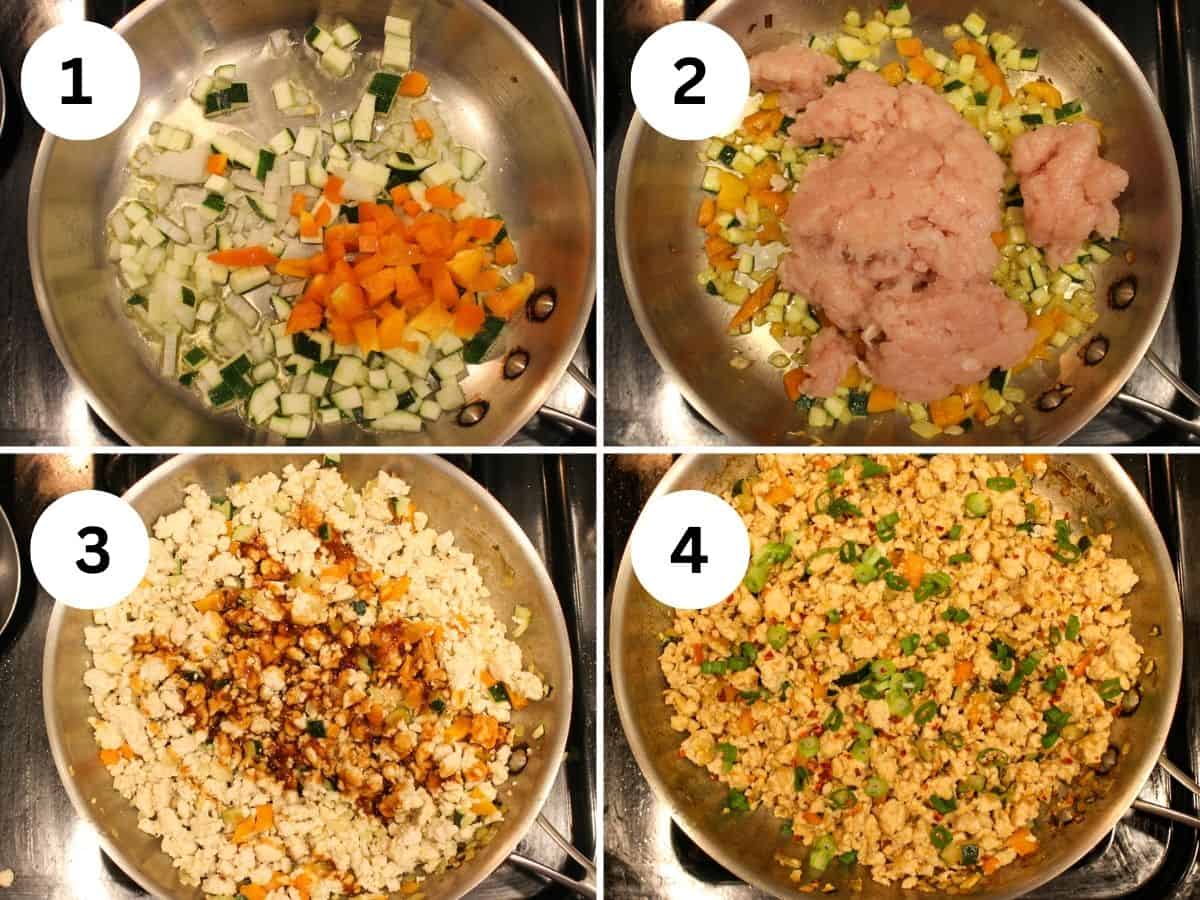 The collage of 4 process images: frying pan with stir frying vegetables, ground chicken, added sauce and green onions at the end.