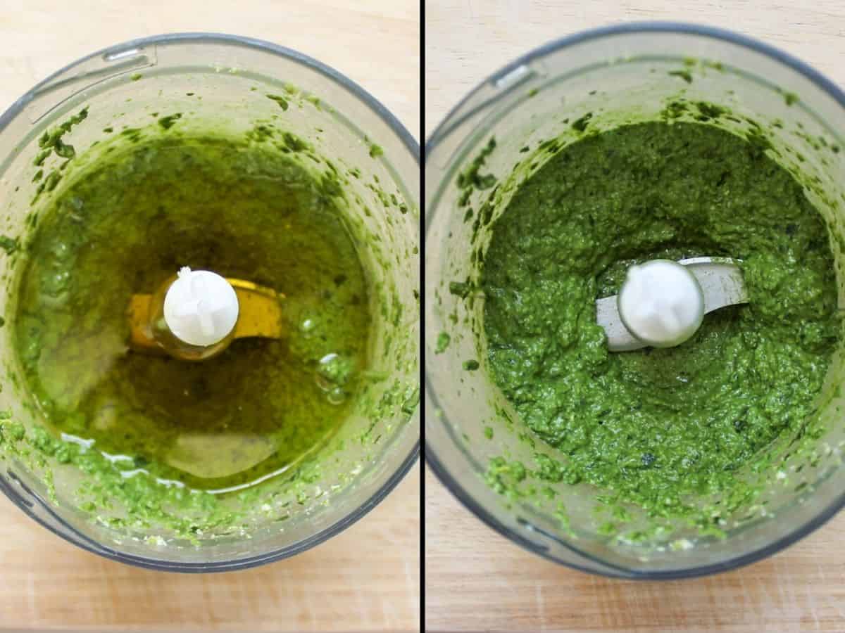 Two collage image showing the olive oil added to the pesto and being mixed with the sauce.