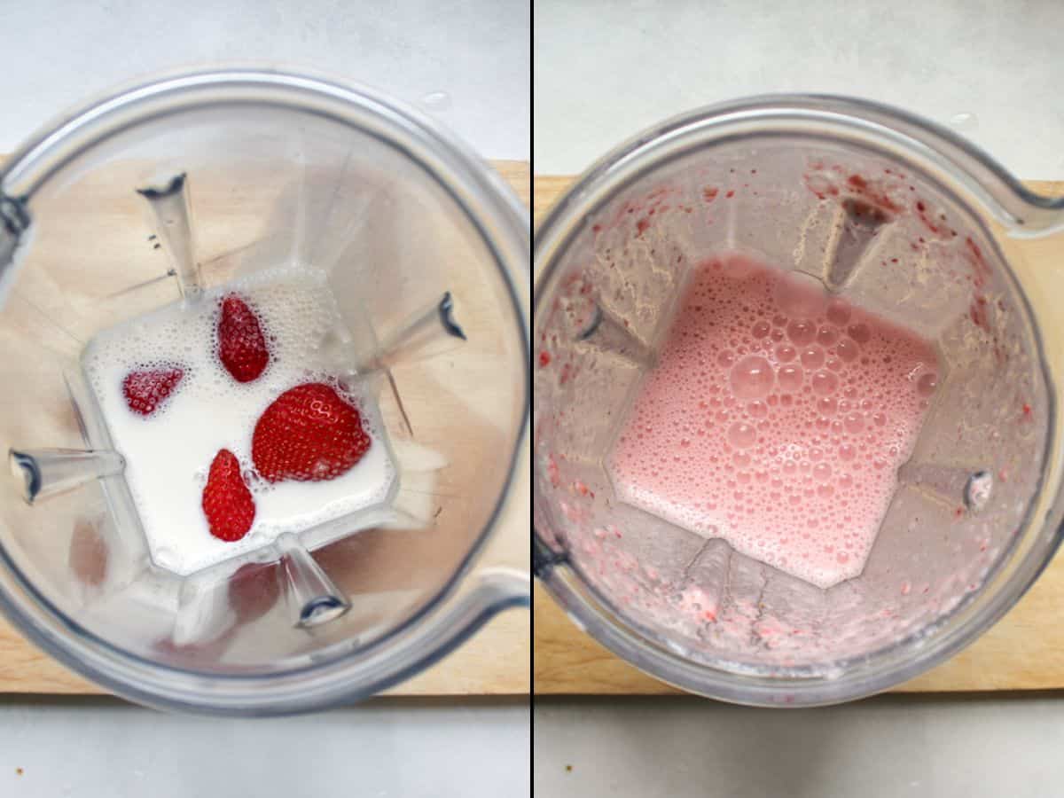 Blender container with milk and whole strawberries on the left, and blended pink strawberry milk on the right.