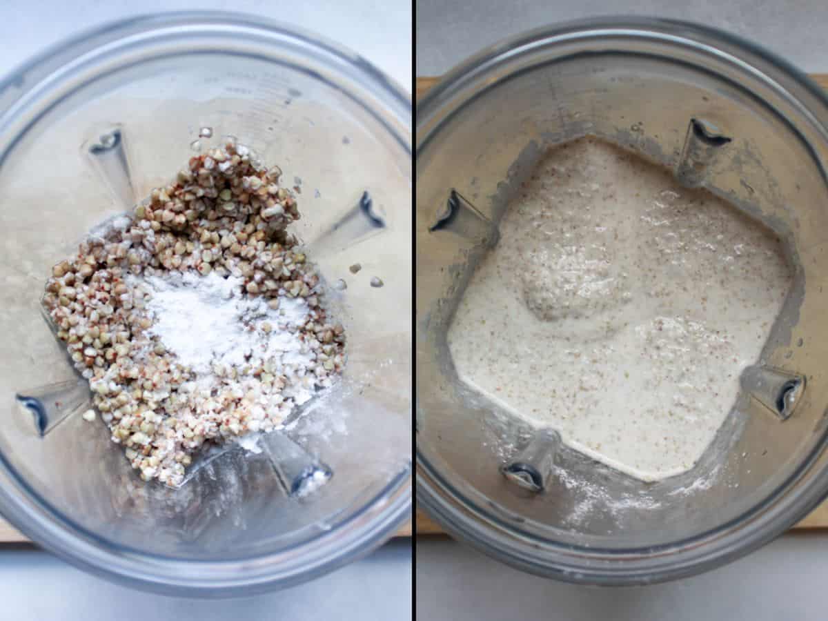 Buckwheat bread ingredients in a blender container blended in to thick dough.  