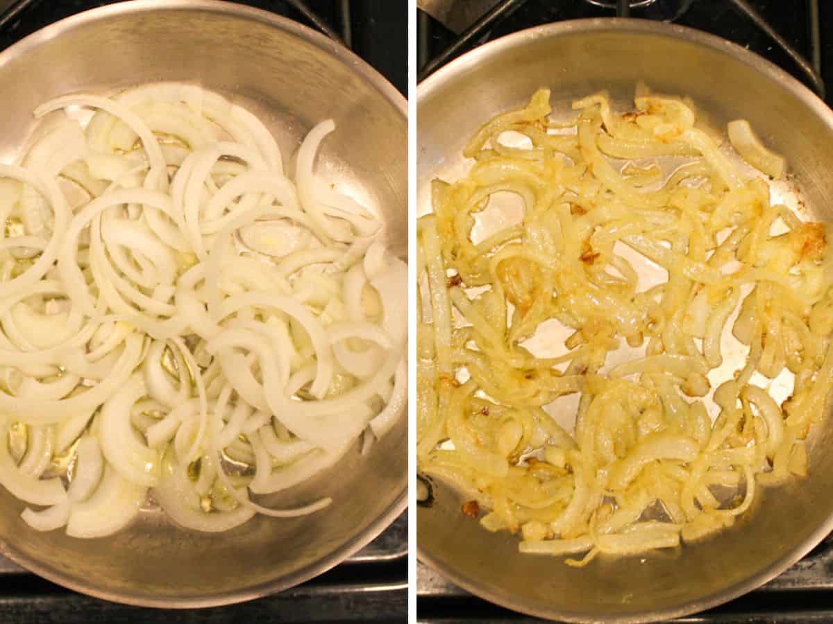 Caramelizing sliced onions in a stainless steel skillet.