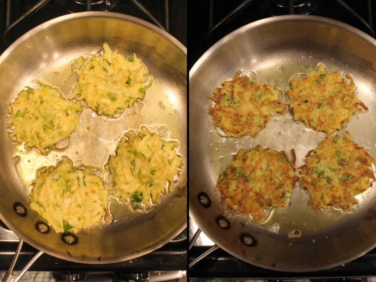Four potato fritters are fried in a large skillet.