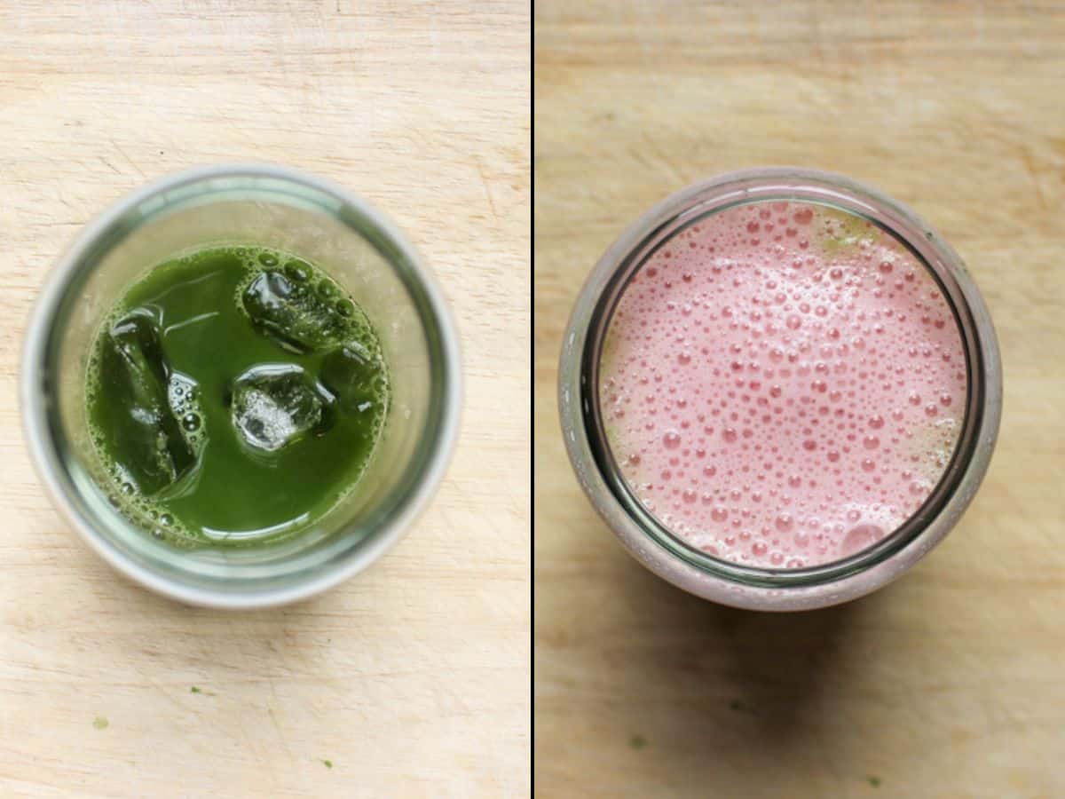 Green matcha and ice cubes in a glass on the left, strawberry milk poured over on the right.