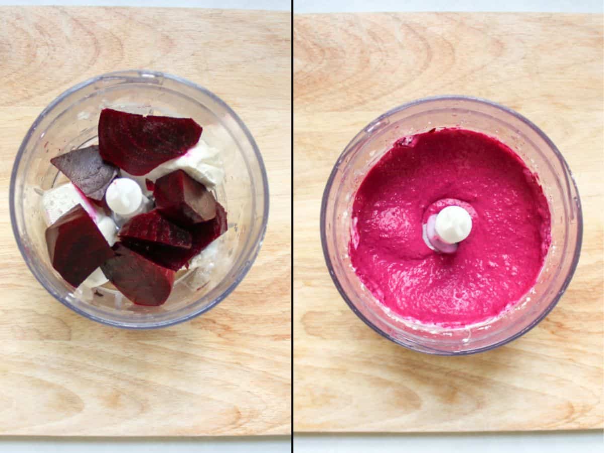 Beetroot and cream cheese in a food processor blended into sauce.