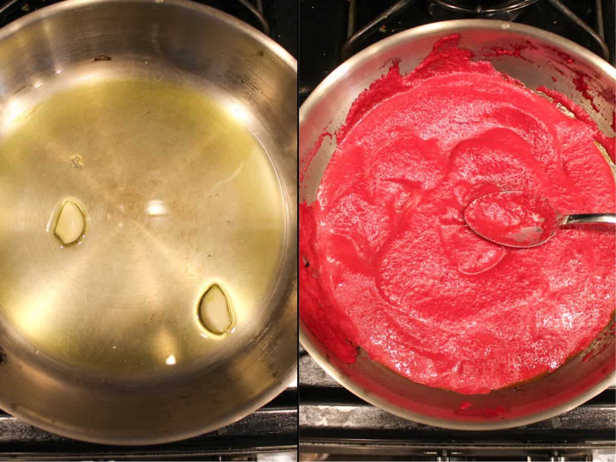 Whole garlic clove in a skillet with olive oil. Beetroot creamy sauce added to the skillet.